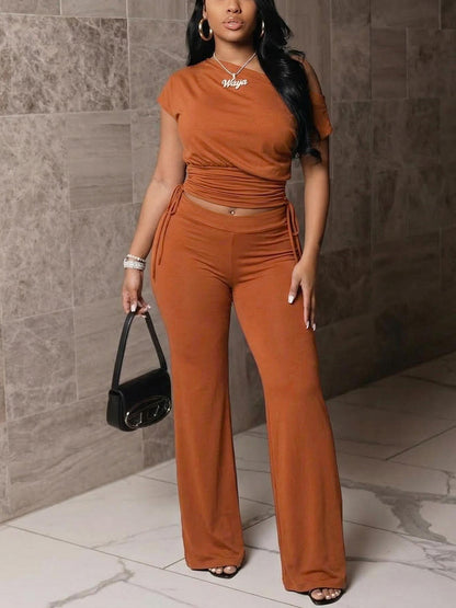 One Shoulder Ruched Wide Leg Pants Set