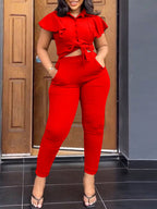 Ruffle Sleeve Top Belted Pants Set