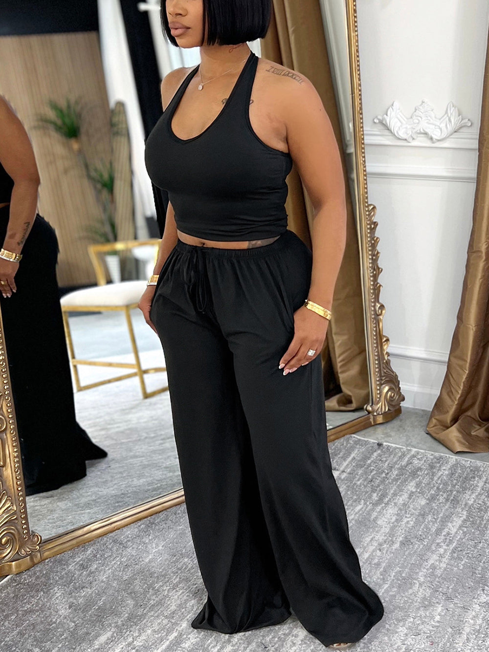 Halter Top Pocket Wide Leg Pants Set