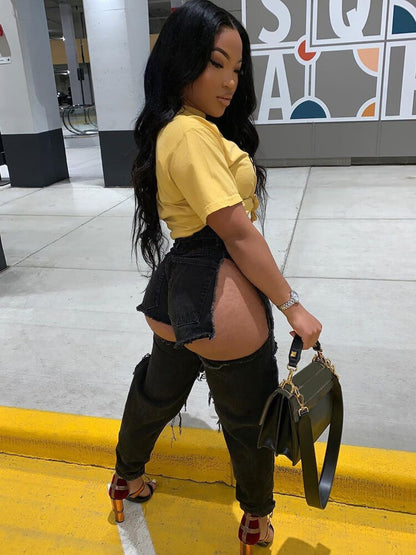 Denim High Waist Cut Out Pants