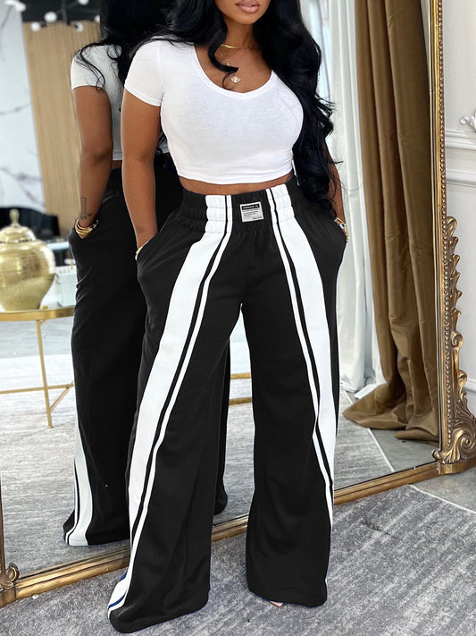 Wide Stripe Elastic Waist Wide Leg Pants