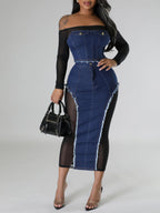 Off Shoulder Mesh Denim Skirt Set