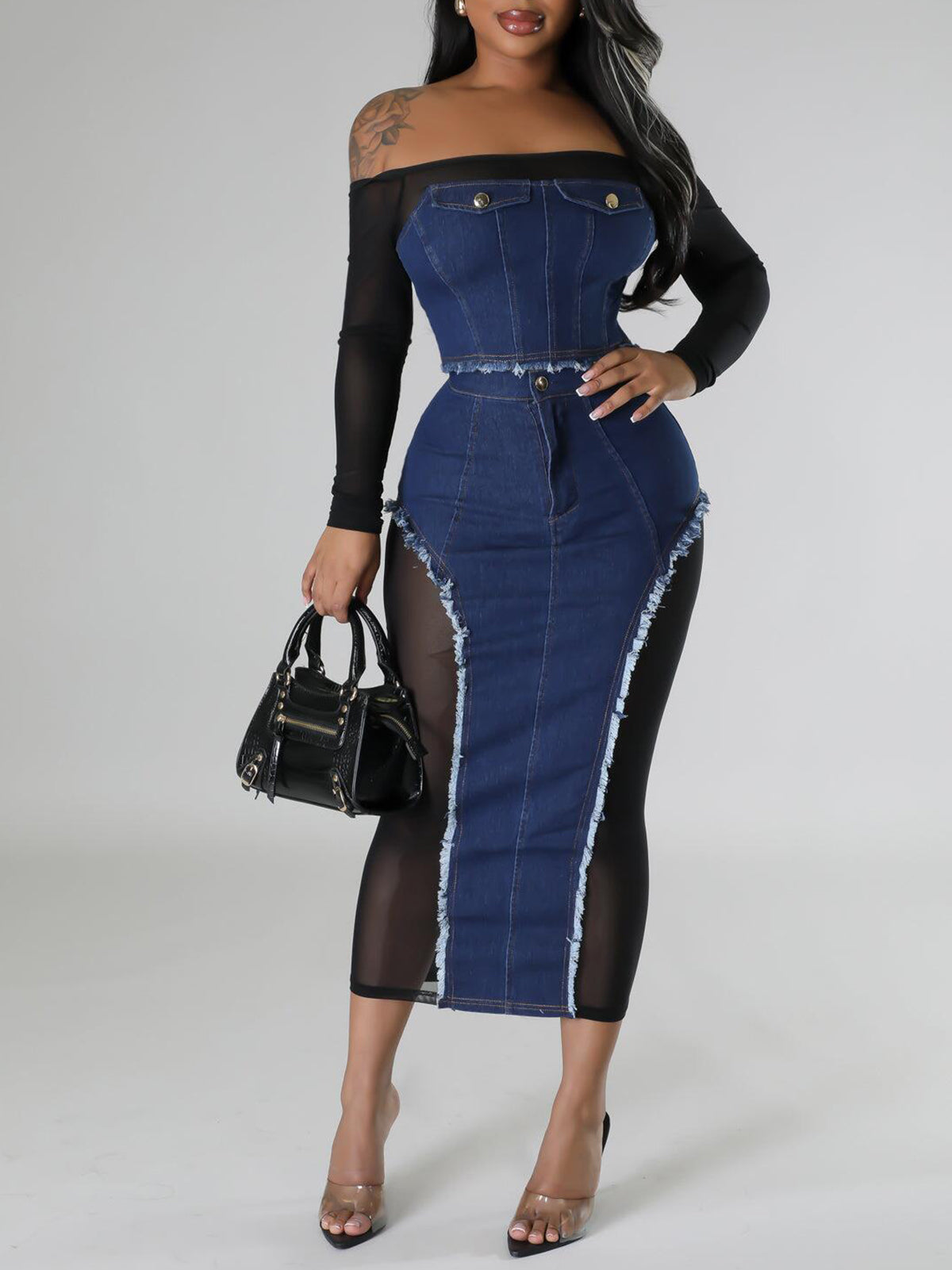 Off Shoulder Mesh Denim Skirt Set