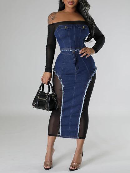 Off Shoulder Mesh Denim Skirt Set