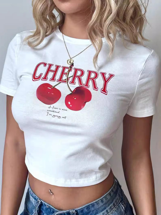 Cherry Print Y2K Crop Baby Tee