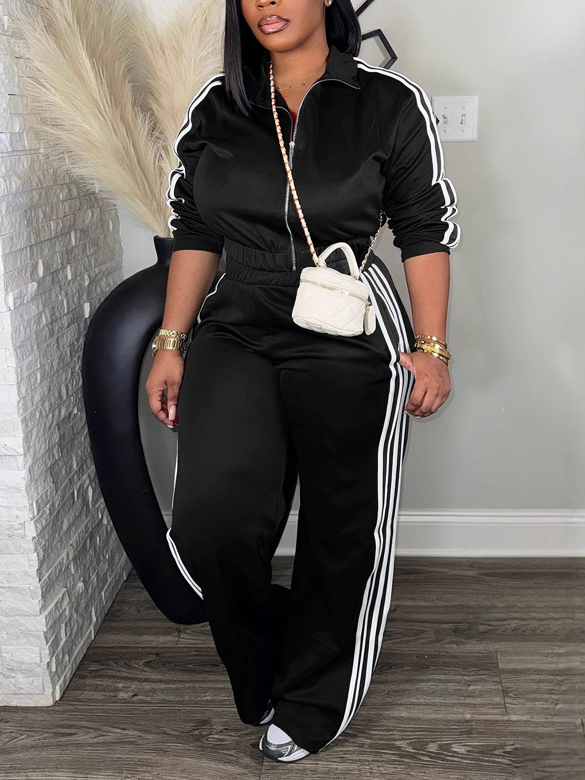 Striped Jacket Wide Leg Pants Set