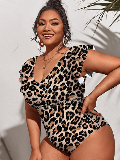 Trajes de baño con estampado floral y volantes sin mangas de talla grande