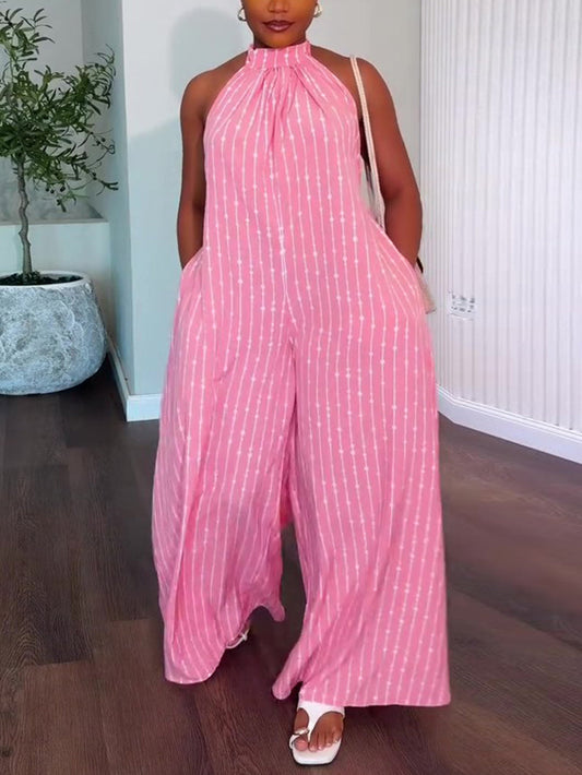 Halter Backless Stripe Wide Leg Jumpsuit
