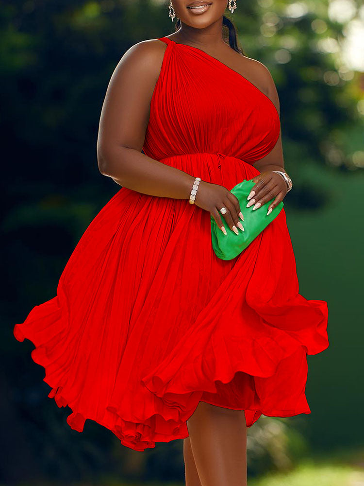 One Shoulder Pleated Swing Belted Midi Dress