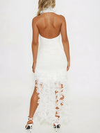 Halter Fringe Ruffle Hem Dress