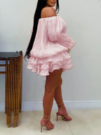 Off Shoulder Puff Sleeve Ruffle Mini Dress
