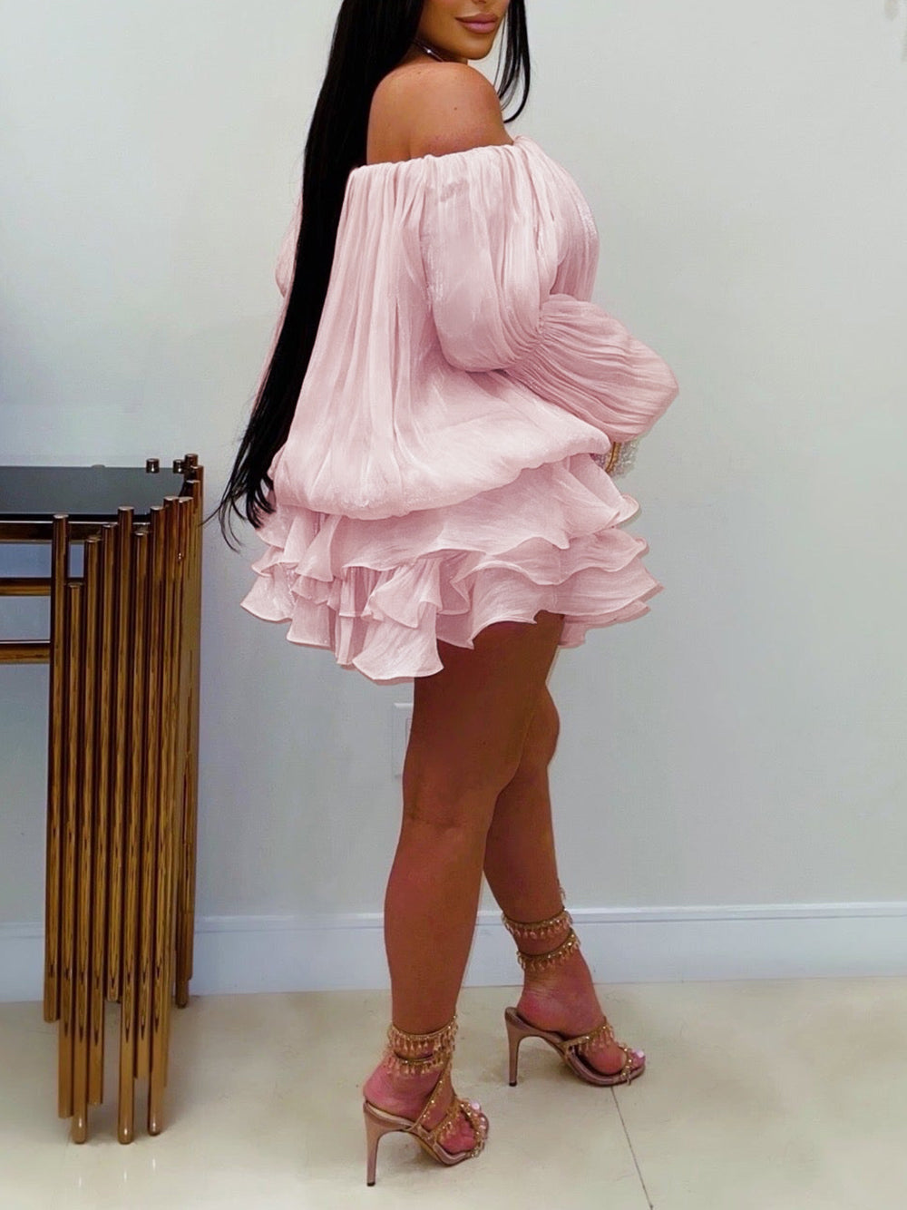 Off Shoulder Puff Sleeve Ruffle Mini Dress