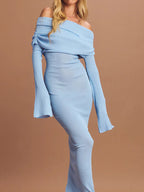 Off Shoulder Ribbed Knit Maxi Dress