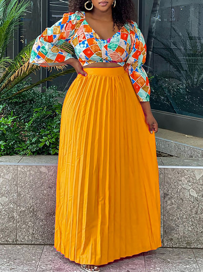 V-Neck Printed Top & Pleated Skirt Two-Piece Set