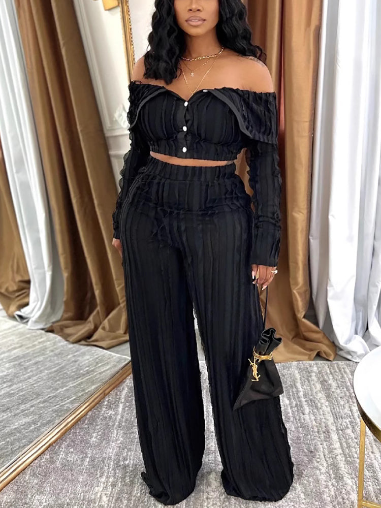 Wave Texture Off Shoulder Top Pants Set