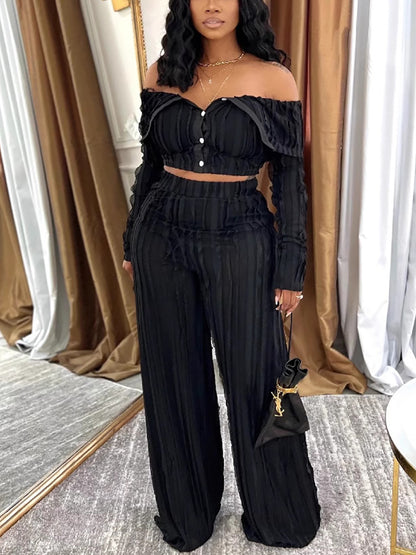 Wave Texture Off Shoulder Top Pants Set