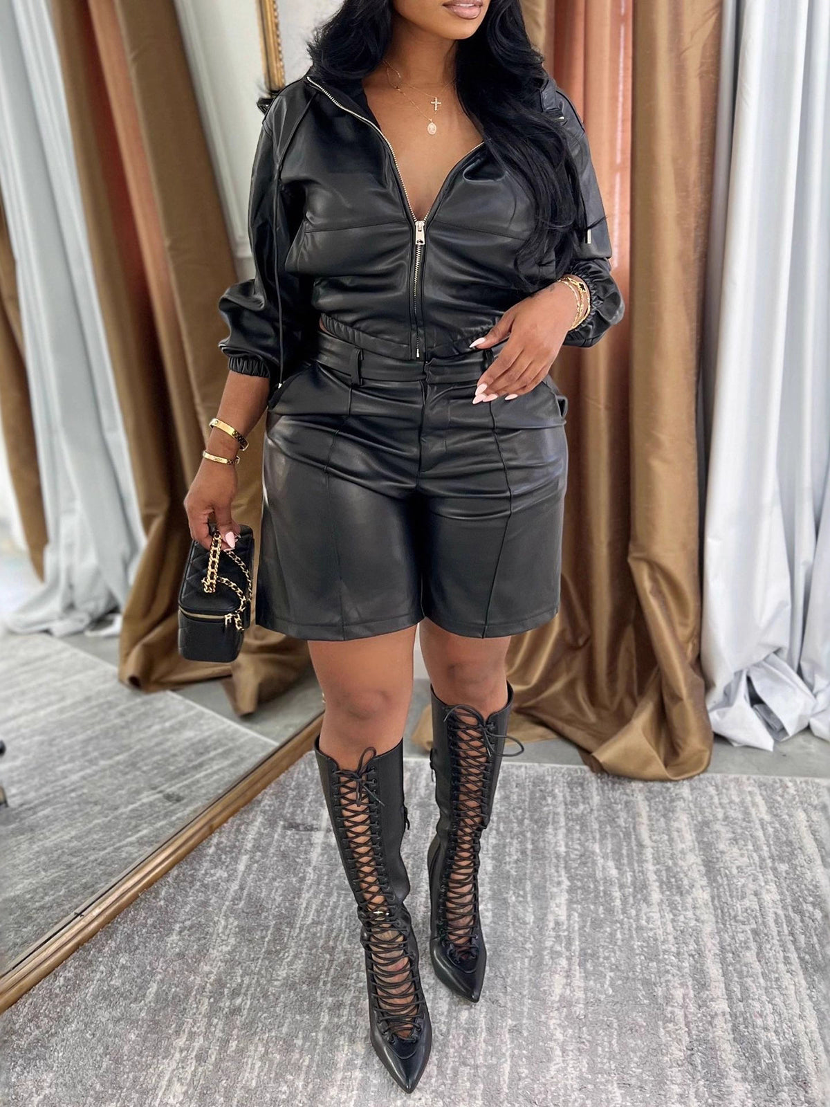 Hooded PU Leather Jacket Shorts Set