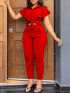 Ruffle Sleeve Top Belted Pants Set