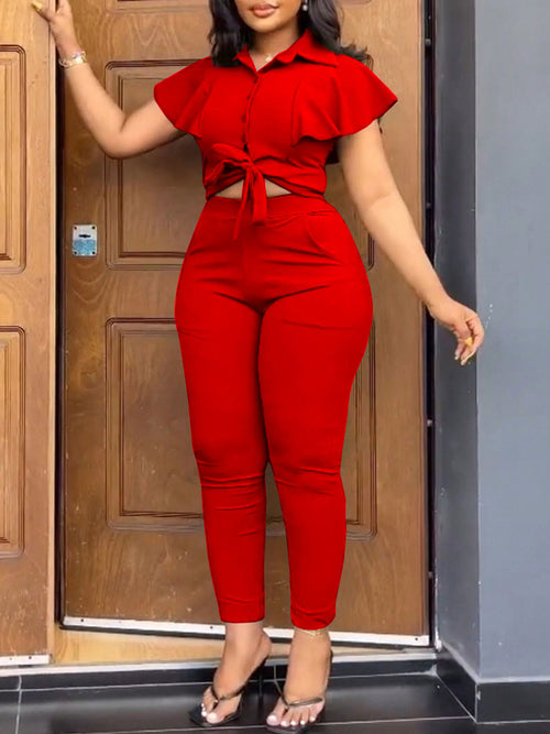 Ruffle Sleeve Top Belted Pants Set