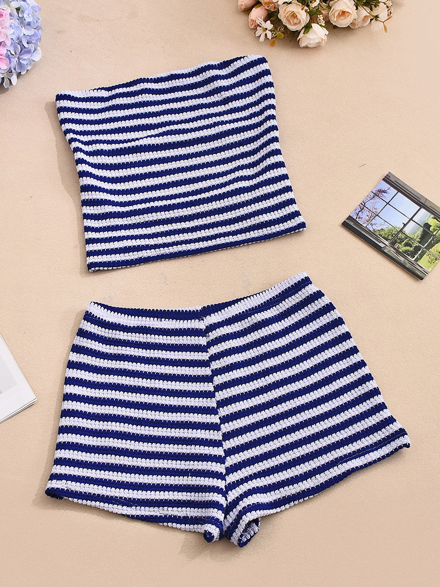 Stripe Tube Crop Top Shorts Set