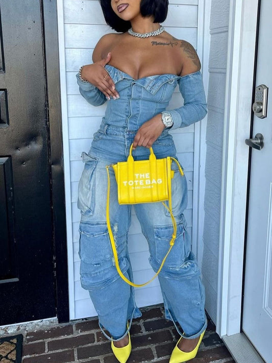 Off-Shoulder Pockets Denim Jumpsuit