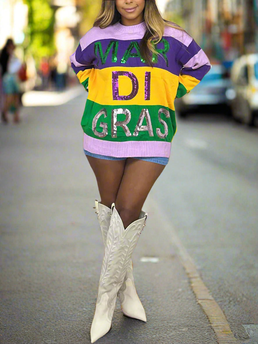 Long Sleeve Color Block Sequin Letter Pullover