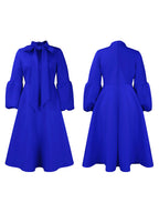 Puff Sleeve Bow-Tie Neck Flared Midi Dress