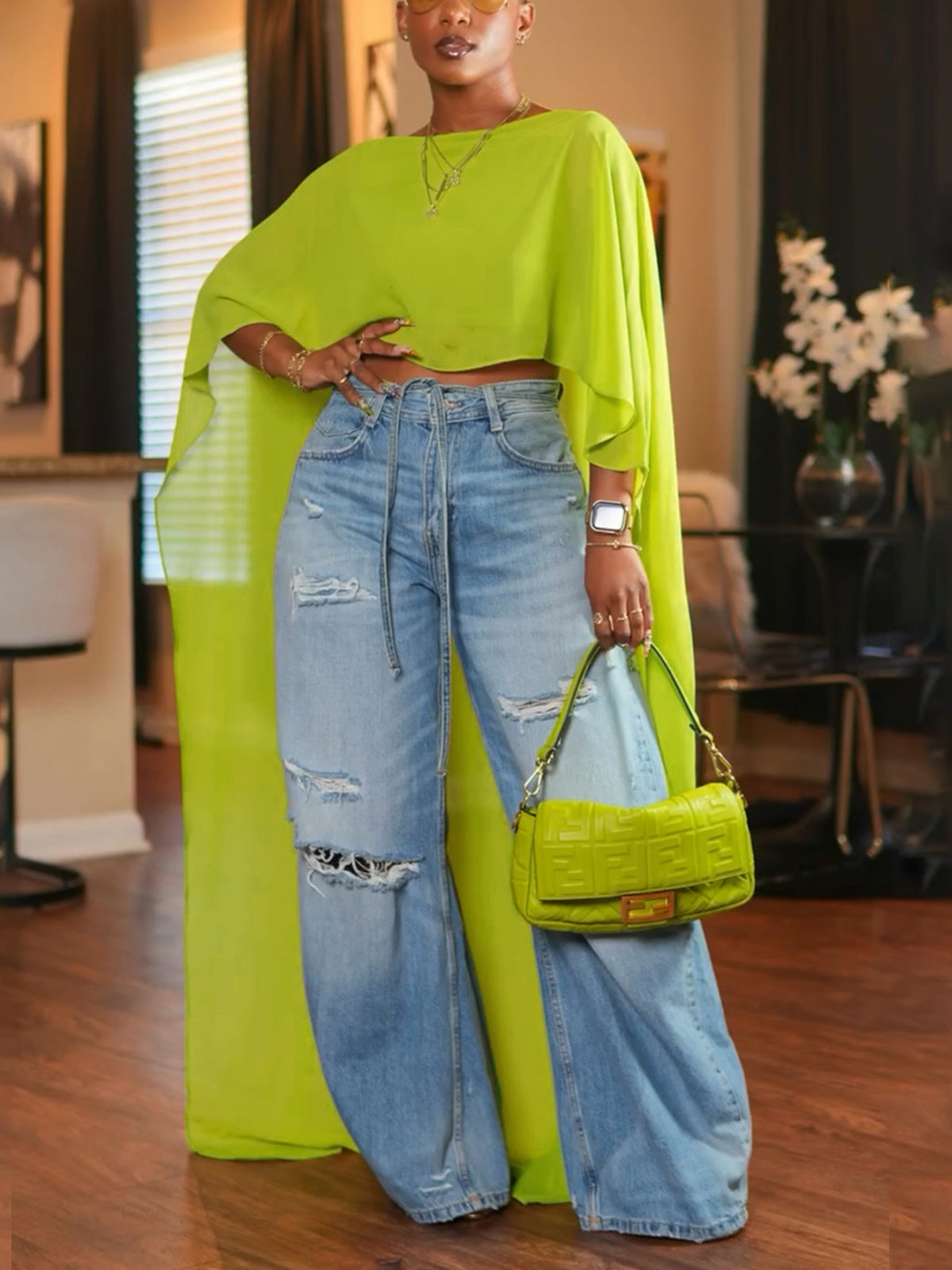 Mesh Batwing Sleeve Cloak Top