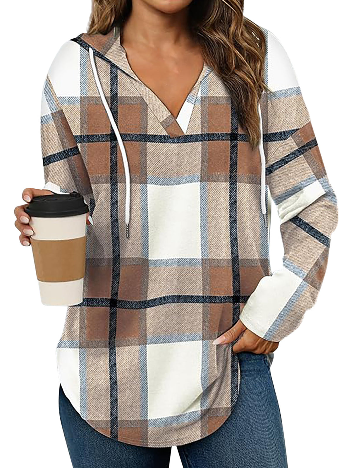 Plaid Drawstring Hooded Pullover Top