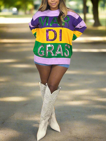 Long Sleeve Color Block Sequin Letter Pullover