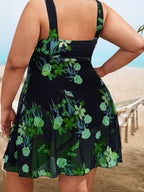 Plus Size Floral Print Mesh Bikini Bodysuit
