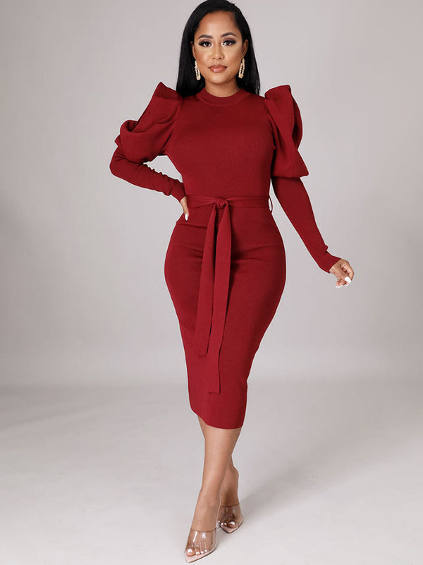 Long Sleeves Belted Bodycon Midi Dresses
