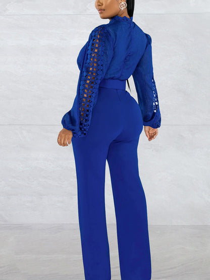 Lace Trim Belted Long Sleeve Jumpsuit