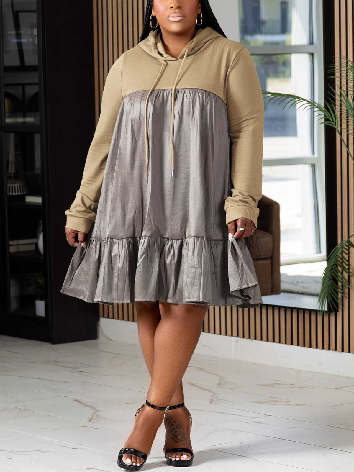 Plus Size Hooded Ruffle Midi Dress
