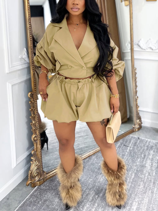 Puff Sleeve Top Bubble Shorts Set