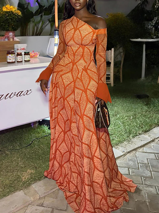 Boho Asymmetric Neck Geometric Maxi Dress