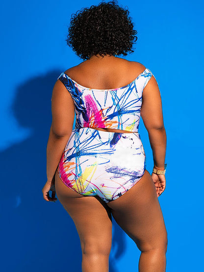 Two Piece Off Shoulder Print Swimsuit