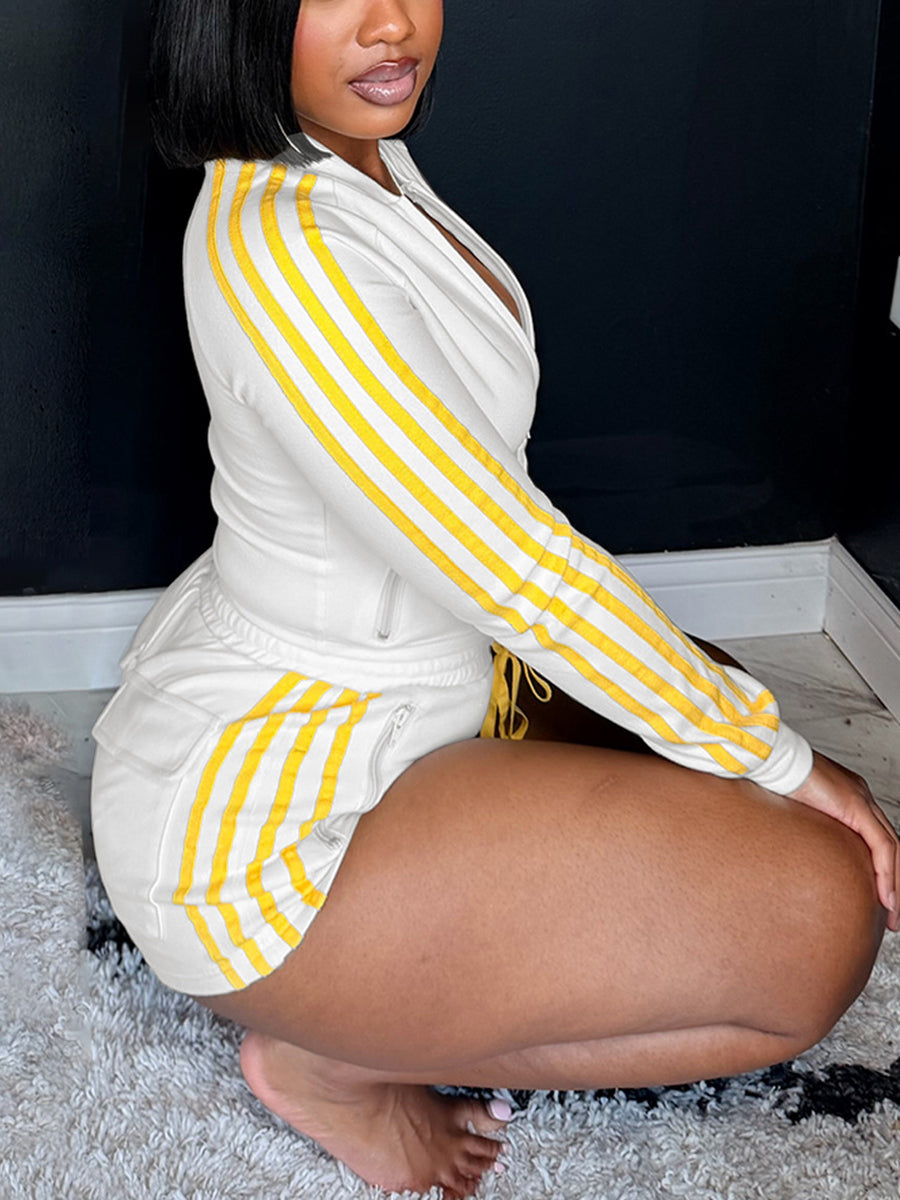 Color Block Zipper Jacket Shorts Set