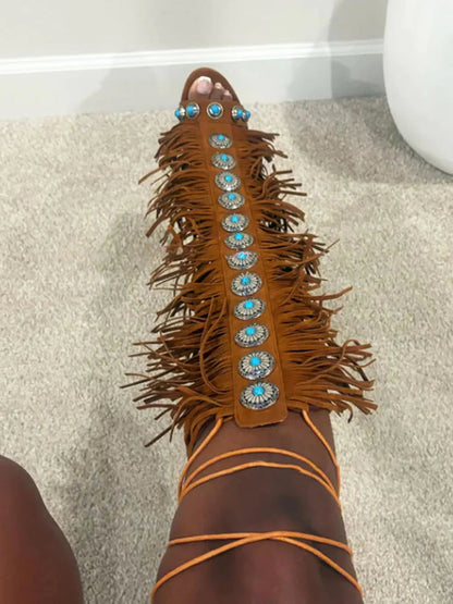 Boho Gemstone Lace-Up Fringe Heeled Sandals