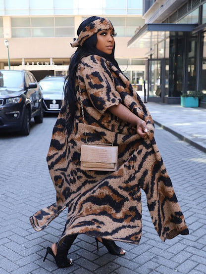 Leopard Knit Long Cardigan With Headscarf
