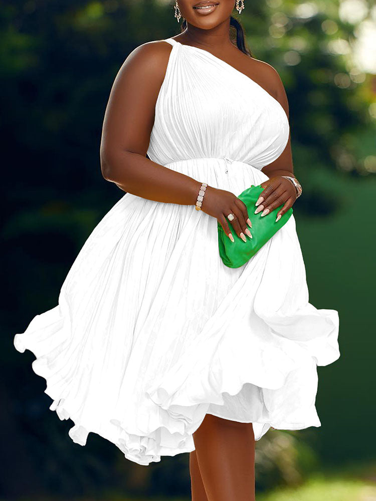 One Shoulder Pleated Swing Belted Midi Dress