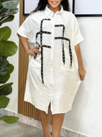 Studded Trim Oversized Shirt Midi Dress