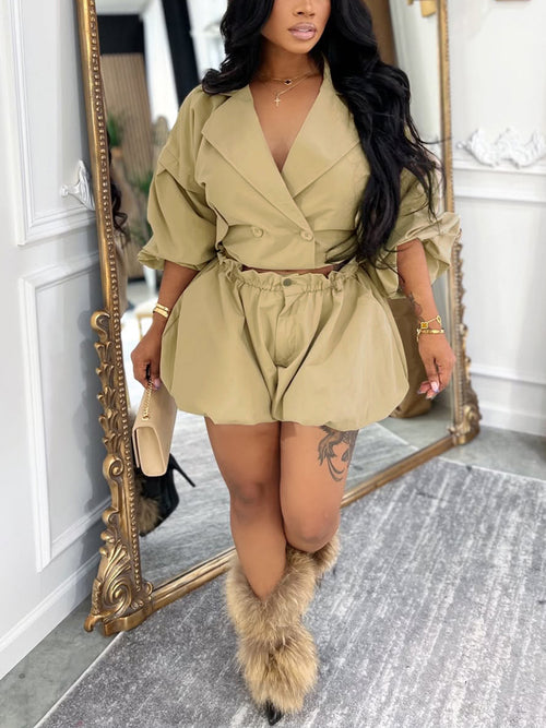 Puff Sleeve Top Bubble Shorts Set