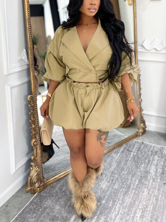 Puff Sleeve Top Bubble Shorts Set