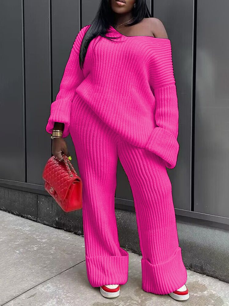 Loose Knit Top Wide Leg Pants Set