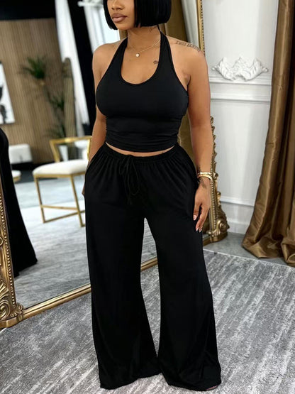 Halter Top Pocket Wide Leg Pants Set