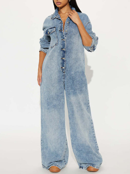 Button Down Denim Jumpsuit