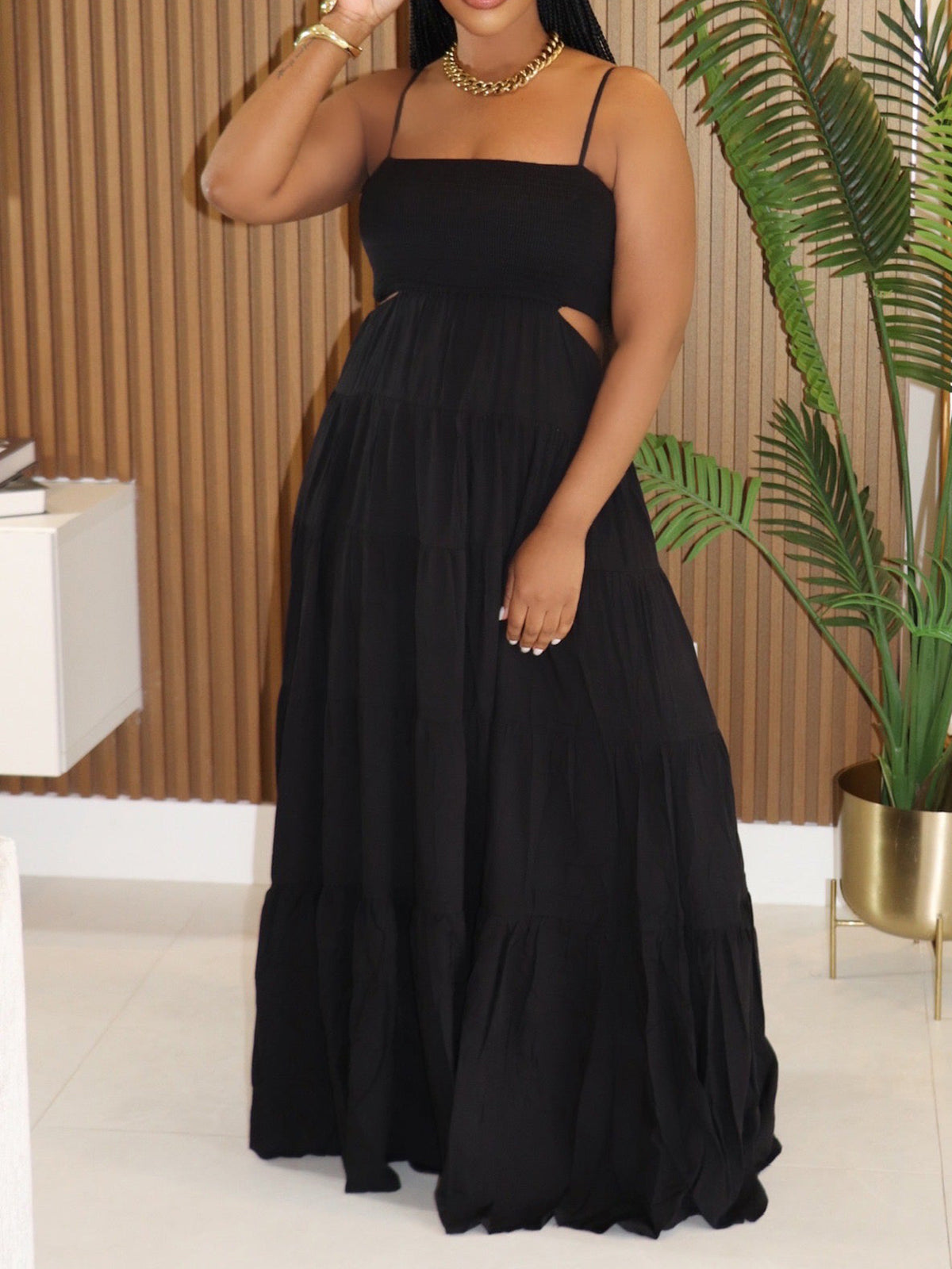 Cutout Smocked Cami Tiered Maxi Dress