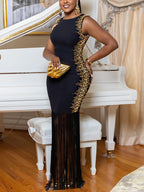 Sleeveless Rhinestone Fringe Hem Maxi Dress