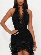 Halter Fringe Ruffle Hem Dress